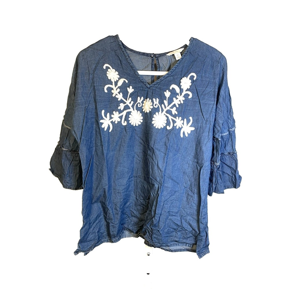 Est 1946 Embroidered Top Women's XS Blue Cottagecore Floral Blouse‎ Bell Sleeve